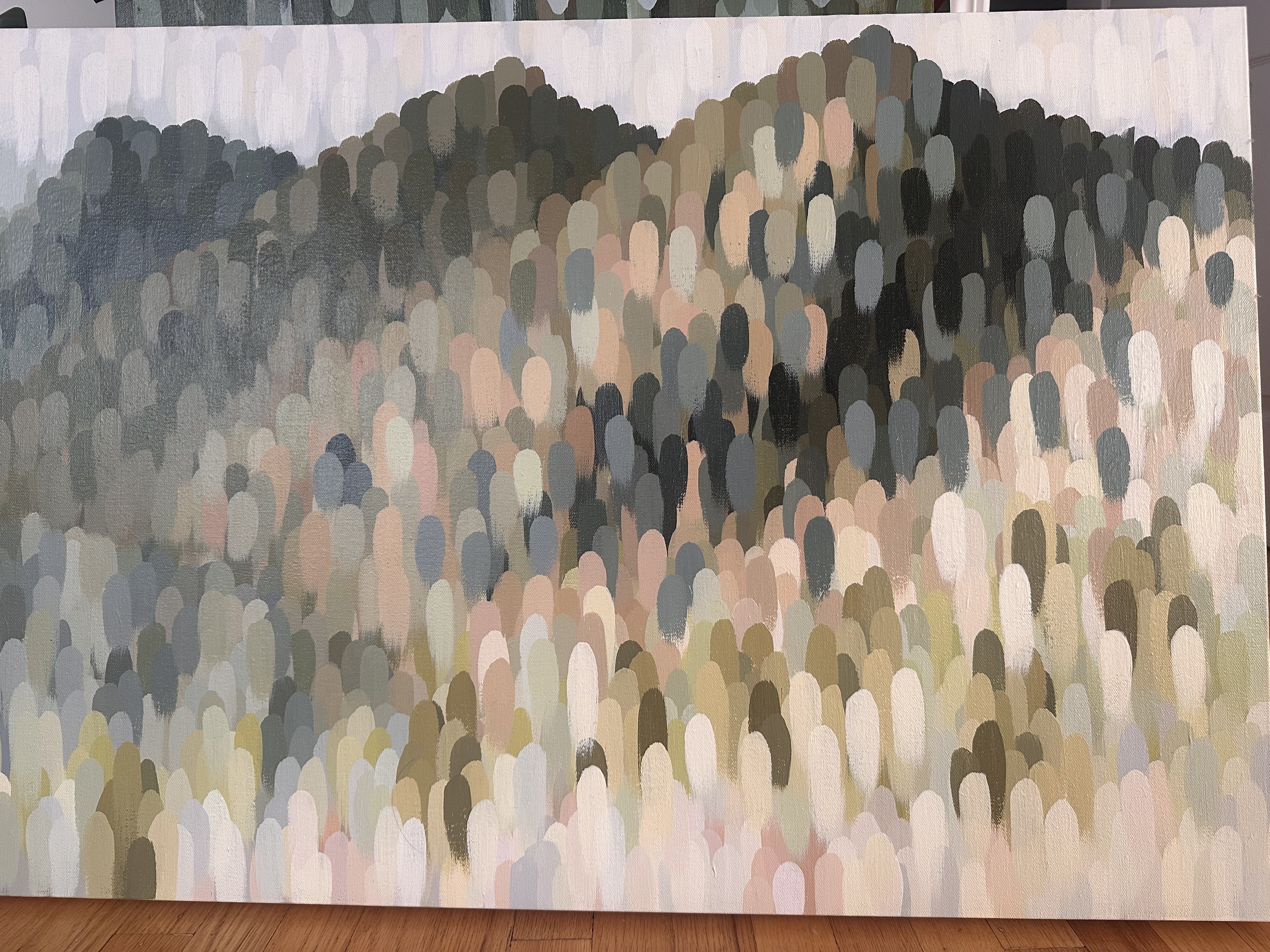 painting of arizona landscape in green and pink brushstrokes